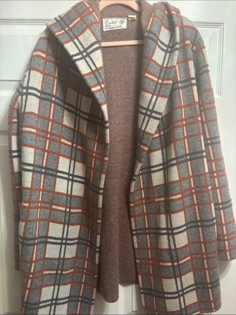 Field & Flower Anthropologie Wool Plaid Hooded Coat — Rust & Ivory